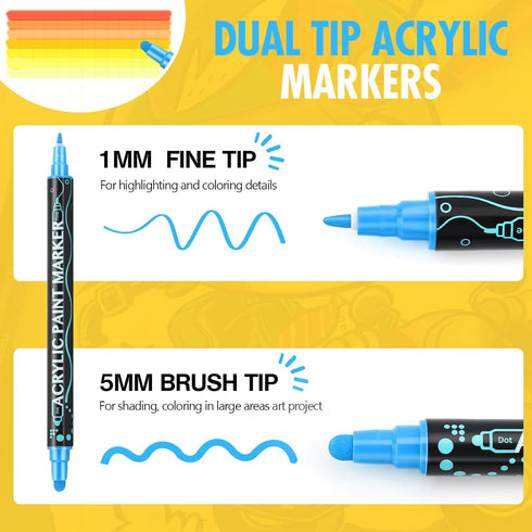 12 Colours Acrylic Paint Pens Markers, Dual Tip Premium Paint Markers for Rocks, Wood, Stone, Canvas, Glass, Ceramic Surfaces, Acrylic Markers for...