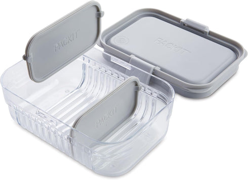 PackIt Mod Lunch Bento Food Storage Container, Steel Gray, Shatterproof Crystal Clear Base, with Leak-resistant Dividers and Lid, Microwavable, Di...