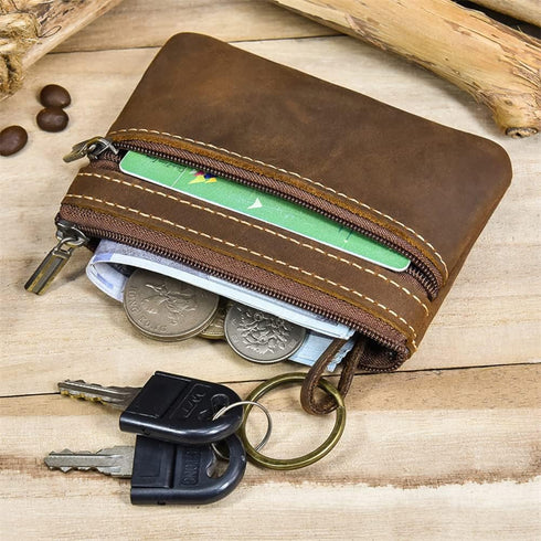 1 Pcs Leather 2 Zipper Coin Purse Wallet With Key Ring, Coin Organizer, Change Holder,Card Case, Leather Zipper Storage Bag for Men...