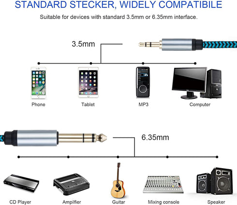 3.5mm to 6.35mm TRS Stereo Audio Cable 6.6ft 1/8 to 1/4 Stereo Cable 6.35mm 1/4" Male to 3.5mm 1/8" Male Bidirectional Cable for Guitar, Piano, Am...