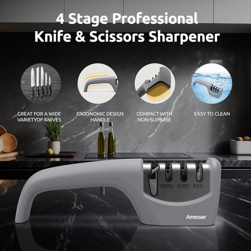 4-in-1 Knife Sharpener – Fast & Safe Sharpening for Kitchen, Pocket, Chef’s & Serrated Knives, Scissors | Effortlessly Restore, Hone & Polish Blad...