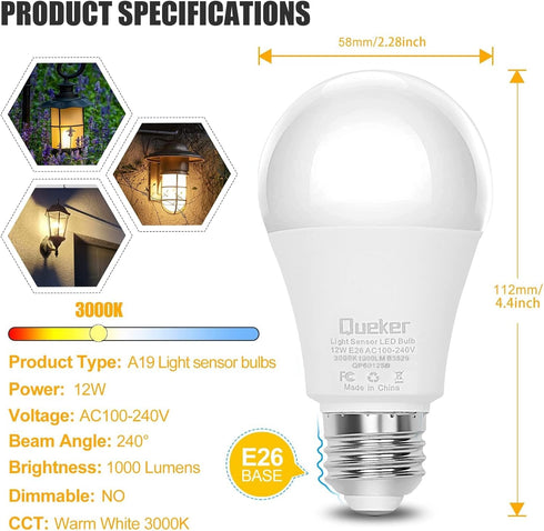Dusk to Dawn Light Bulbs Outdoor 6 Pack, 3000K Warm White Light Sensor Bulbs 12W (100 Watt Equivalent) Auto On Off Photocell Sensor, E26 A19 1000L...