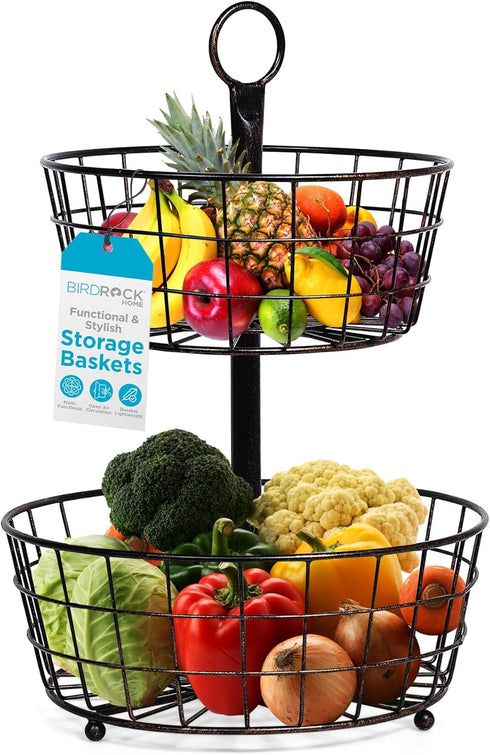BIRDROCK HOME 2 Tier Wire Fruit Basket | Round Metal Standing Baskets | Fruit Vegetable Garlic Caddy | Freestanding Rustic Decorative Basket...
