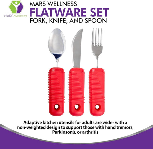 3 Piece Super Easy Grip Red Flatware Set - Bendable Built Up Large Fork, Knife, and Spoon - Red...