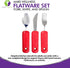 3 Piece Super Easy Grip Red Flatware Set - Bendable Built Up Large Fork, Knife, and Spoon - Red...