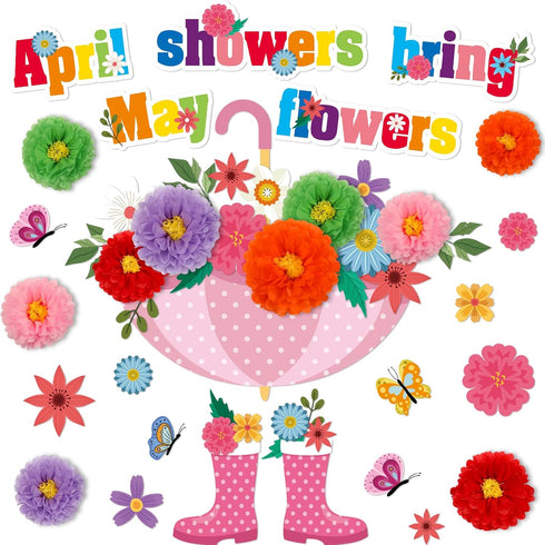 ojustbeok April Showers Bring May Flowers Bulletin Board Decorations Spring Cutouts with 3D Tissue Paper Pompoms Spring Bulletin Board Spring Flow...