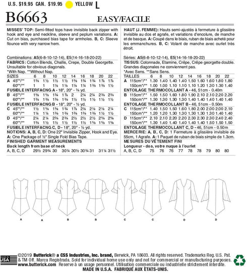 Butterick B6663E5 Easy to Sew Women's Semi-Fitted Blouse Sewing Patterns Sizes 14-22 , White...