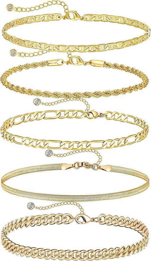 Gold Ankle Bracelets for Women,14K Gold Anklets for Women Waterproof Cuban Link Figaro Chain Gold Anklet for Women Summer Beach Anklets Set Layere...