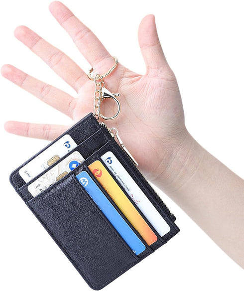 Teskyer Slim Wallet for Women, RFID Blocking Credit Card Holder Wallet with Zipper Pocket and Easy to Attach Keychain - Lichee Black...