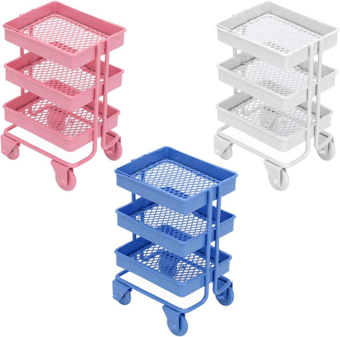 1:12 Miniature Dollhouse Handcart Mini Shopping Cart 3 Layers Storage Display Shelf with Wheels Kitchen Furniture Decoration(Pink)...