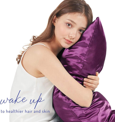 Purple Satin Pillowcase Queen Set of 2 | Pillow Cases for Hair and Skin | 20 x 30 Inch–Slip Silky Comfort with Envelope Closure...