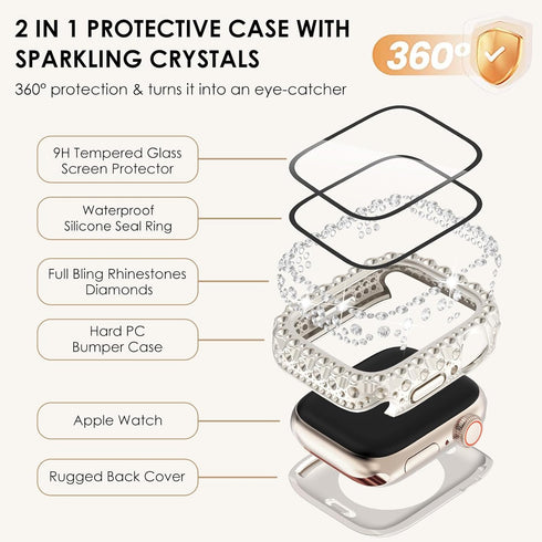 Wingle 2 in 1 Waterproof Case for Apple Watch 45mm Screen Protector Case Series 9 8 7, Bling Lace Edge Diamond Face Cover Full Glitter Rhinestone ...