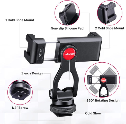 ULANZI Metal Phone Tripod Mount ST-10, Universal 360° Smartphone Adapter with 2 Cold Shoe Mount, Adjustable Cell Phone Clamp Stand Holder, Compati...