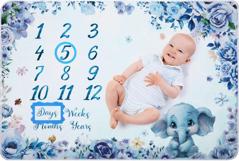 Elephant Baby Monthly Milestone Blanket, 60 x 40 Inch Soft Flannel Baby Blanket with Baby Bib Marker Frames for Newborn Baby Boy Monthly Photo Bac...