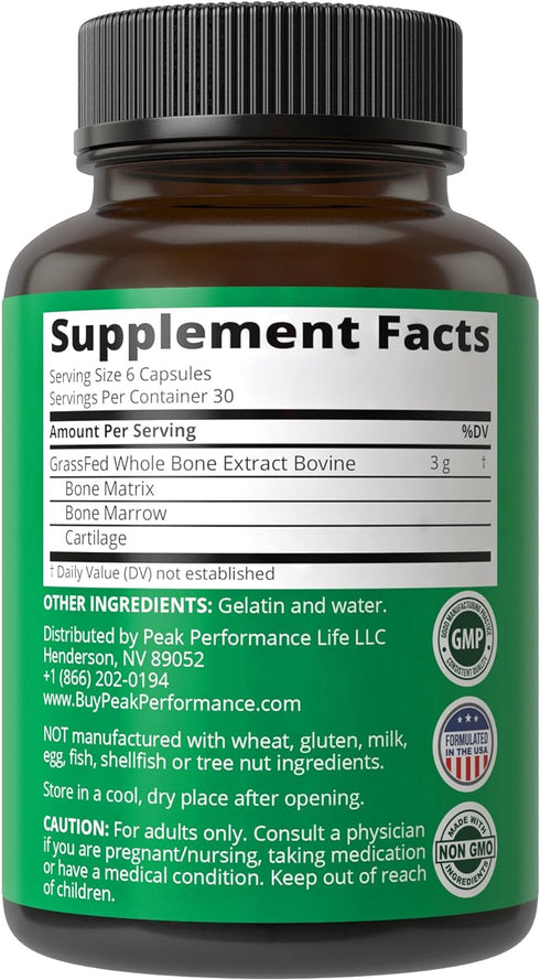 Peak Performance Grass Fed Bone Marrow - Whole Bone Extract Supplement 180 Capsules Superfood Pills Rich in Collagen, Vitamins, and Amino Acids. f...