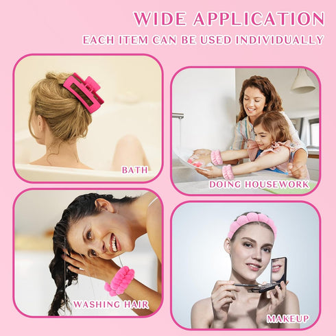 Wecoe Pink Rose Red Spa Headband And Wristband Set Skincare Headband For Washing Face Hair Claw Clips For Thick Hair Cute Puffy Sponge Bubble Make...