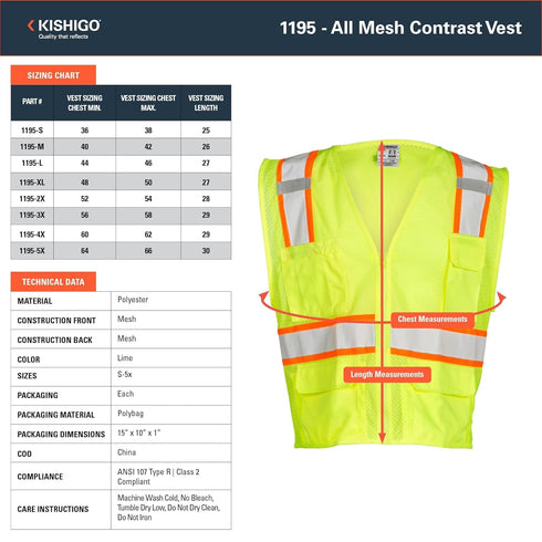 Kishigo All Mesh Contrast Unisex Reflective Safety Vest 1195, ANSI Type R / Class 2 Compliant, 6 Pockets - Pencil & Radio Pockets, Zipper Front, S...