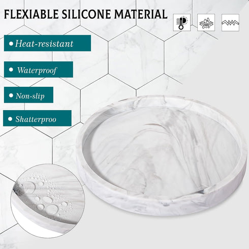 9" Round Bathroom Tray Decorative Vanity Tray Silicone Soap Holder Kitchen Countertop Organizer Coffee Table Decor for Candle, Perfume, Plant - Ma...
