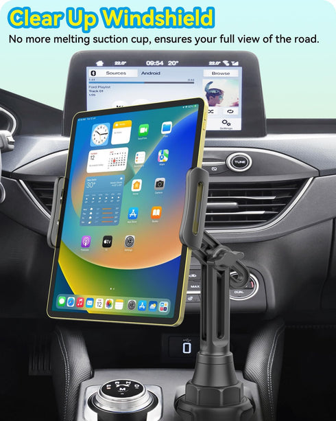 for iPad Car Mount Cup Holder Tablet Holder Adjustable Height Long Arm for 5-11" Samsung Tablets iPad Pro Air Mini iPhone Cell Phone, Black...
