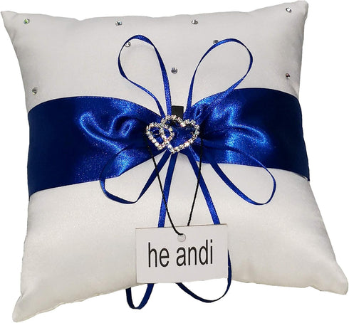 he andi 7.8" Satin Double Hearts Decoration Wedding Ring Bearer Pillow (Blue)...