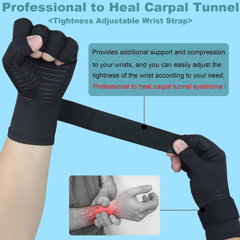 Copper Arthritis Gloves with Adjustable Wrist Strap for Women Men, Fingerless Compression Gloves for Arthritis, Carpal Tunnel, Pain Relief, Swelli...