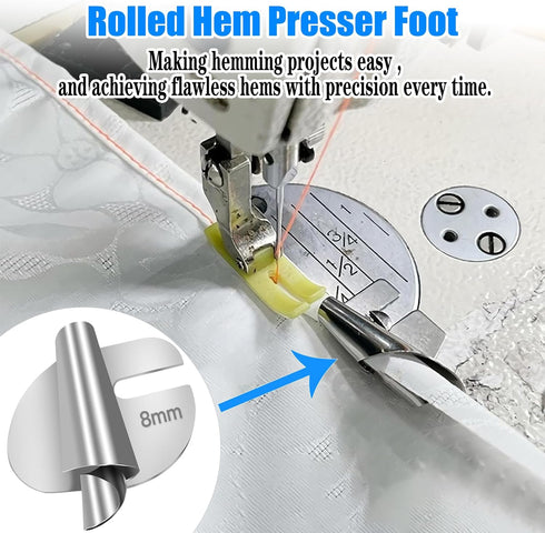 TOOVREN 8pcs Rolled Hem Presser Foot, Sewing Rolled Hemmer Foot, 3mm-10mm 8 Sizes Wide Rolled Hem Foot Set, Seam Guide, Universal Presser Foot for...