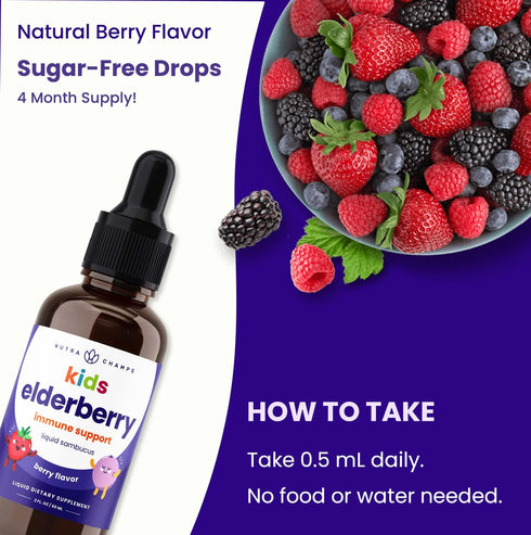 Black Elderberry for Kids Liquid Drops | 10:1 Extract Sambucus Elderberry Syrup for Kids | Sugar-Free European Elderberry Drops Berry Flavor | Imm...