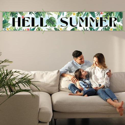 Hello Summer Tropical Large Outdoor Banner 120 x 20 Inch, Hawaii Monstera Palm Leaves Decorative Fence Yard Garden Sign Frangipani Backdrop Home I...