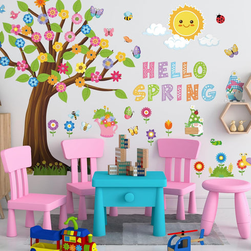 150 Pcs Spring Classroom Tree Bulletin Board Set Hello Spring Bulletin Board Decorations Flowers Green Leaves Woodland Cutouts Bulletin Board Stic...