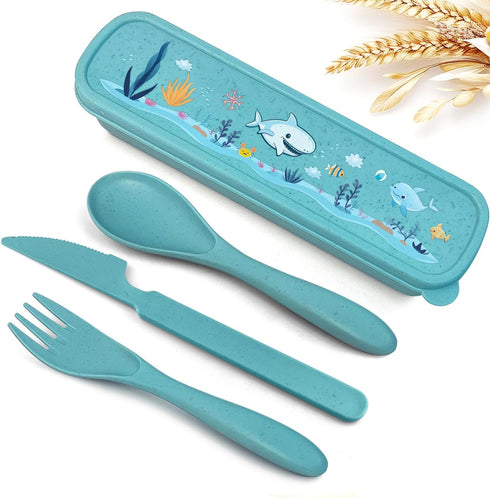 Teivio Plastic Wheat Straw Portable Travel Utensils Set for Kids, Reusable Flatware-Forks Spoons Knives for School Camping with Cute Whales Patter...