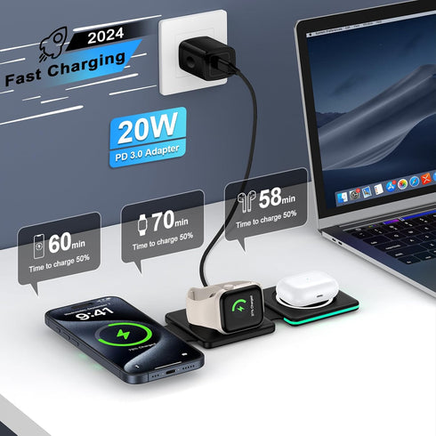 3 in 1 Wireless Charging Station for iPhone Multiple Devices, Foldable Magnetic Wireless Charger Pad Mag-Safe Travel Charger Stand for iPhone 15 1...
