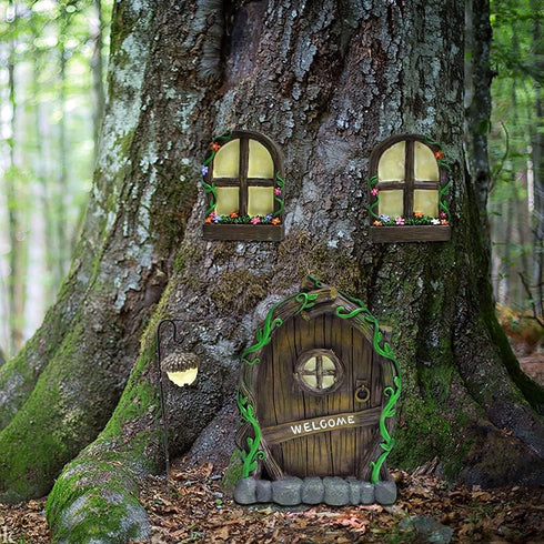 Resin Fairy Door & Window Set with Glow in The Dark Windows, Miniature Sculpture for Trees, Outdoor Decor Accessories...