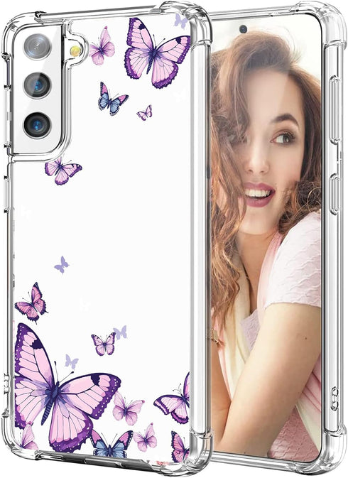 for Samsung Galaxy S21 FE Case,Alluring Purple Butterfly Pattern Anti Yellowing Slim Hard Cases,Hard PC + TPU Bumper Clear Shockproof Protective W...
