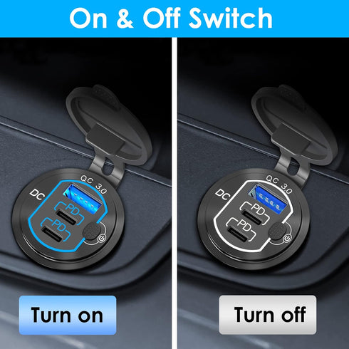 12V USB Outlet 78W for iPhone Qidoe Dual 60W PD&18W QC3.0 Dual USB Charger Socket with Switch Waterproof Aluminum Power Outlet for Marine Motorcyc...