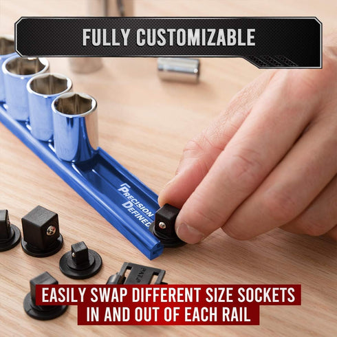 Precision Defined Aluminum Tool Socket Holder | Blue, Single 3/8-Inch Socket Organizer x 16 Clips | Heavy Duty Socket Rails Organizer, Socket Stor...