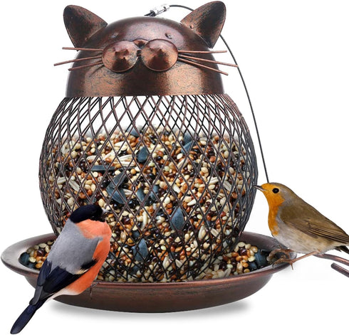 Outside Wild Bird Feeder, Heavy Duty Metal Frame Squirrel Proof Bird Feeders Hanging for Garden Yard Outdoor Decoration, Cute Cat Shaped...