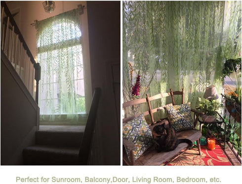 Ufurty 2 Pieces Willow Window Curtain Voile Tulle Room Salix Leaf Sheer Gauze Panel Drapes Green Color for Living Room, Bedroom, Balcony...