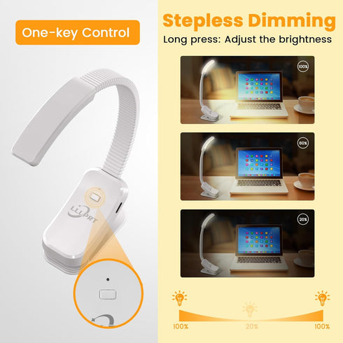 Clamp Table Lamp, 10 LEDs USB Rechargeable Clip on Book Light for Bed Reading with 3 Lighting Colors, Stepless Dimming, 120 Hours Runtime, 360° Fl...