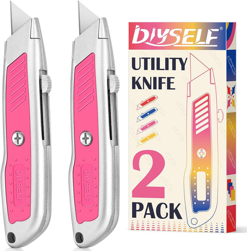 DIYSELF 2 Pack Box Cutter, Aluminum Utility Knife, Box Cutter Retractable, Sturdy Razor Knife for Cardboard, Boxes, Packages, Papers, Cartons, Box...