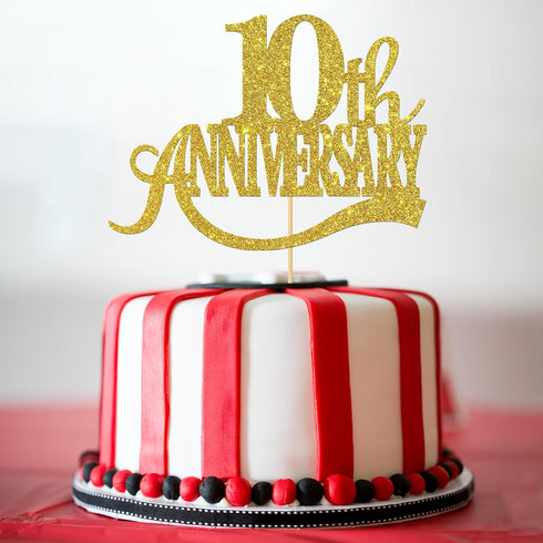Gold Glitter 10th Anniversary Cake Topper - Happy 10th Wedding Anniversary / Birthday Party Decorations...