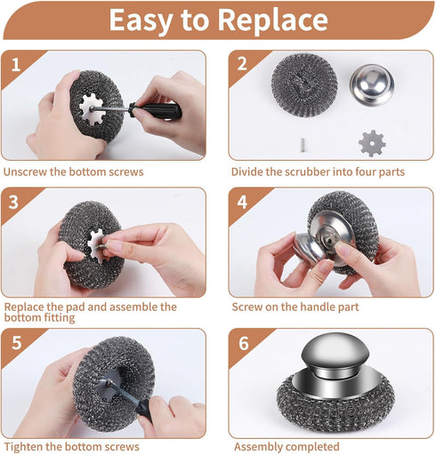 4pcs Steel Wool Scrubber with Replacement Wire Pads Set, Stainless Steel Scrubber with Handle for Scouring Stubborn Messes from Cast Iron, Pots, P...