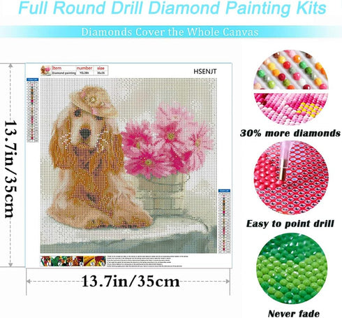 HSENJT Diamond DIY Painting Kits Dog,Pink Flowers Diamond Art Craft for Adults,14X14 Inch Painting by Diamonds Kits Full Round Drill for Wall Deco...