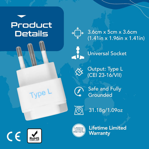 Ceptics Italy Power Adapter, Type L plug adapter, Universal Travel Adapter Chile, Italy travel adapter plug perfect for Rome, Lybia, Tunisia, Urug...