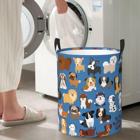 Cute Dogs Blue Round Laundry Hamper Storage Basket Toys Clothes Organizer Bin For Home Bathroom Bedroom Dorm Nursery, 38l...
