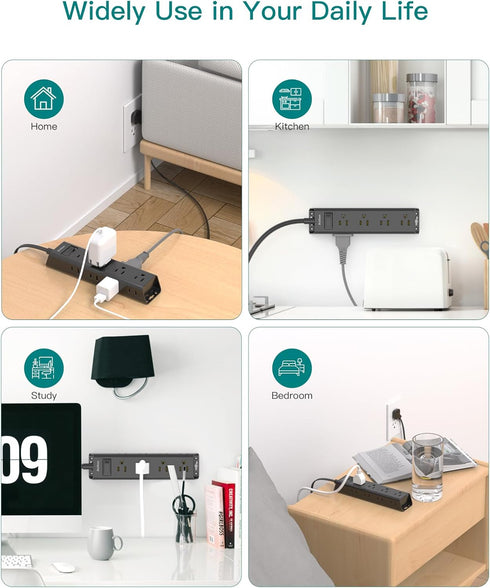 Extension Cord Flat Wall Plug - Surge Protector Power Strip with 12 Outlets, 5ft, Outlet Extender with Multiple Outlets, Wall Mount, Desk Charging...