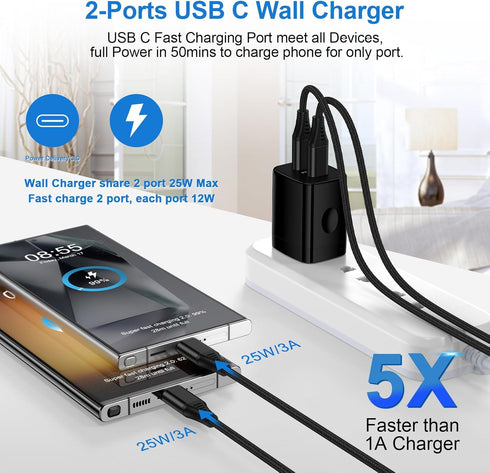 Samsung Charger Block 2 Port Super Fast Charging Android Car Cable for Samsung Galaxy A15 5G A35 A55 A25 S24 Ultra A14 A54 S23, 25W Wall Charger,3...