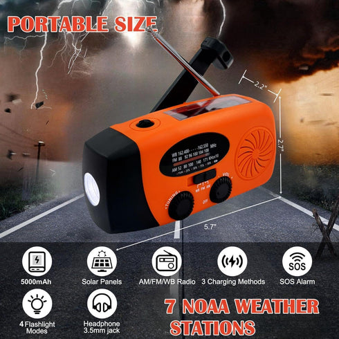 5000mAh Weather Emergency Radio, Portable Solar AM/FM/NOAA Hand Crank Radio, Cell Phone Charger with SOS, 1W LED Flashlight, Headphone Jack, Power...