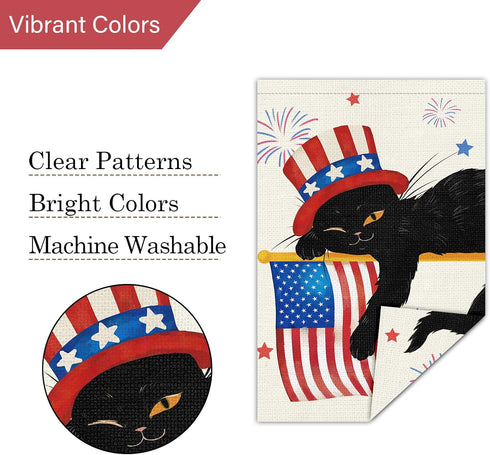 Louise Maelys 4th of July Garden Flag 12x18 Double Sided Vertical, Small Burlap Black Cat Welcome Patriotic Garden Yard House FLags for Memorial D...