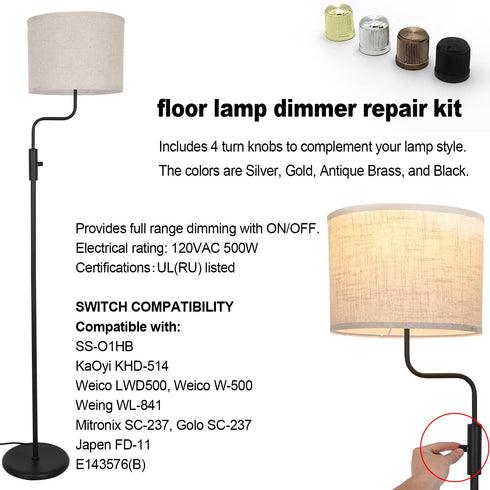 Zing Ear ZE-02A Rotary Dimmer Switch for Floor Torchiere Lamps, Halogen Lamps, Incandescent Lamps,500WMax. 120VAC Knob Switch Replacement Kit-Blac...