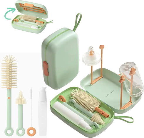 Travel Baby Bottle Cleaning Kit, 7in1 Extendable Silicone Travel Bottle Brush Set & Drying Rack, Nipple, Straw, & Breast Pump Portable cleaning, w...